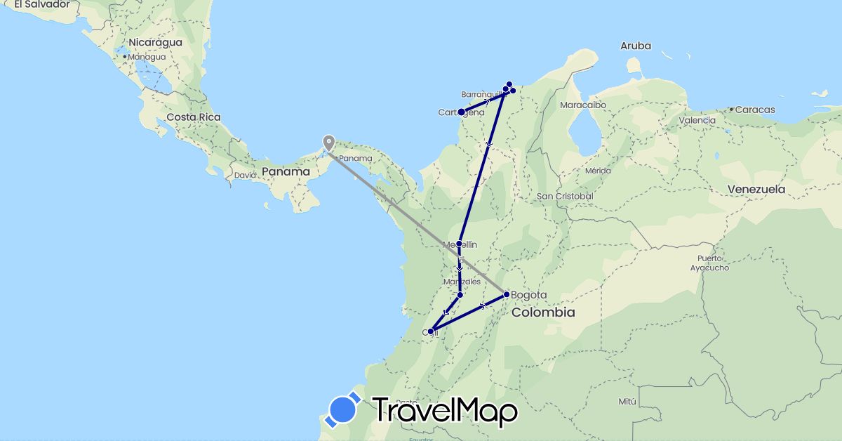 TravelMap itinerary: driving, plane in Colombia, Panama (North America, South America)
